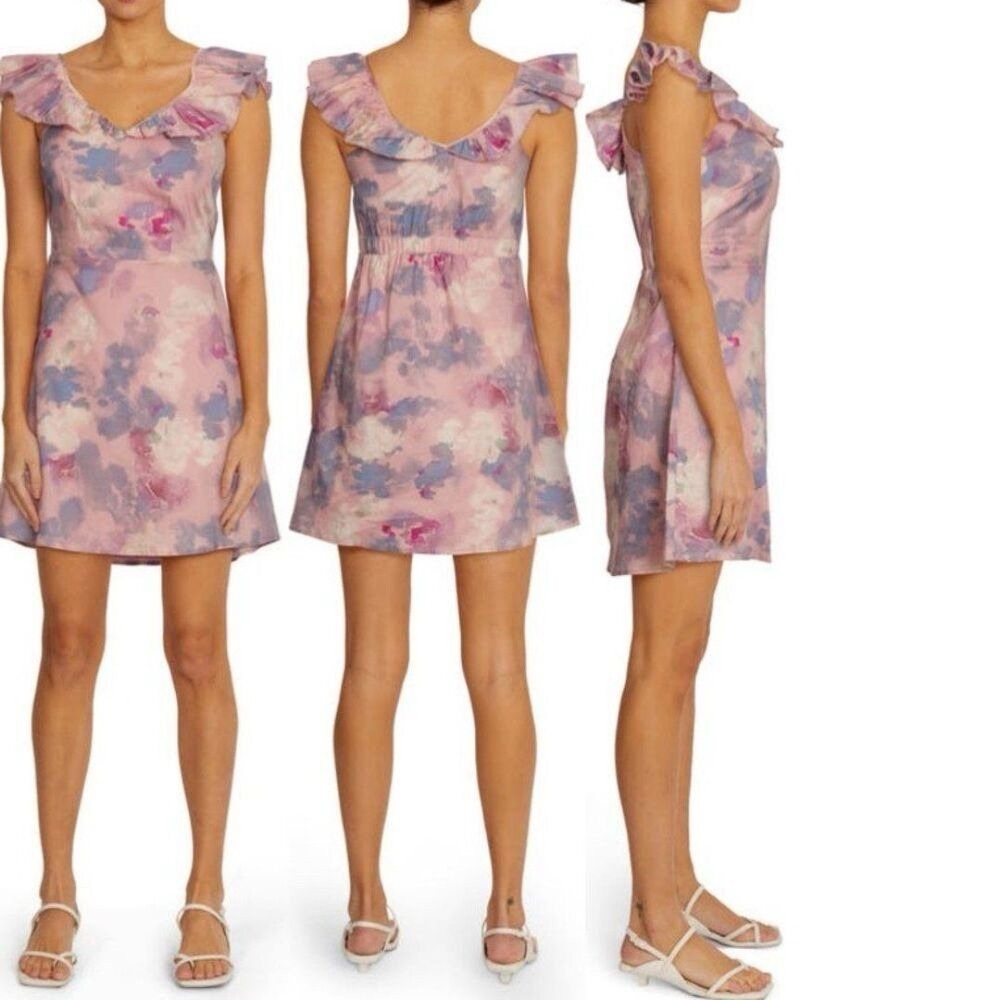 Wildfox Blair Deep V Neck Ruffle Dress Zephr Abstract Watercolor S